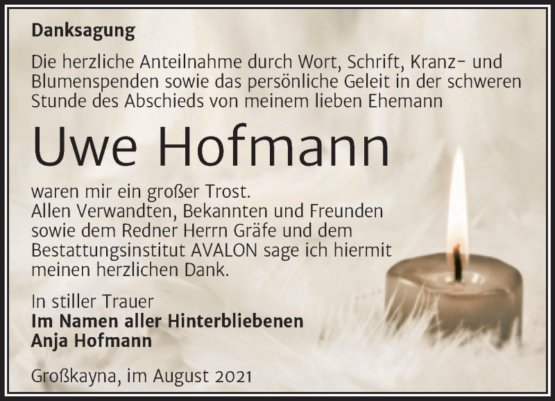  Traueranzeige für Uwe Hofmann vom 14.08.2021 aus Trauerkombi Merseburg