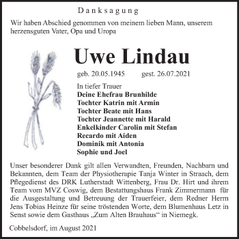 Traueranzeige von Uwe Lindau von Super Sonntag Wittenberg