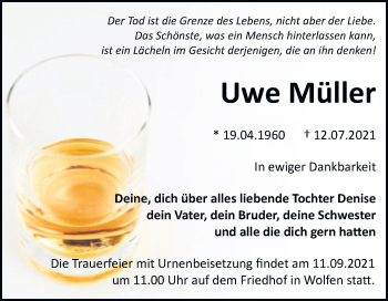 Traueranzeige von Uwe Müller von Trauerkombi Bitterfeld