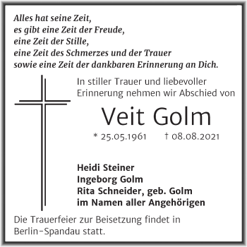 Traueranzeige von Veit Golm von Trauerkombi Mansfelder Land