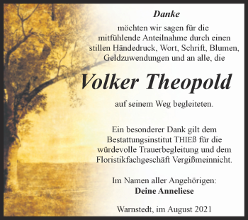 Traueranzeige von Volker Theopold von Trauerkombi Quedlinburg