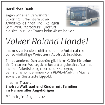 Traueranzeige von Volker Roland Händel von Trauerkombi Merseburg