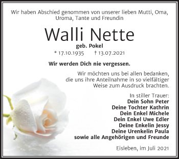 Traueranzeige von Walli Nette von Trauerkombi Mansfelder Land