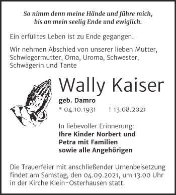 Traueranzeige von Wally Kaiser von Mitteldeutsche Zeitung Merseburg/Querfurt