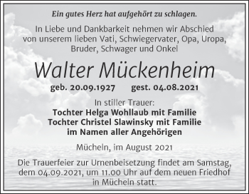 Traueranzeige von Walter Mückenheim von Trauerkombi Merseburg