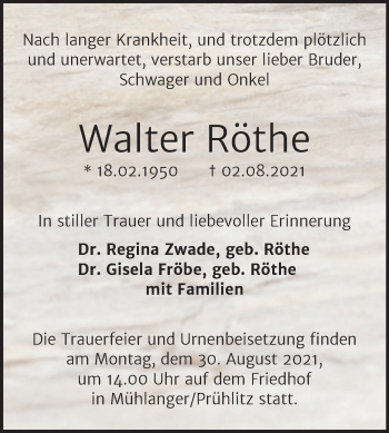 Traueranzeige von Walter Röthe von Trauerkombi Wittenberg