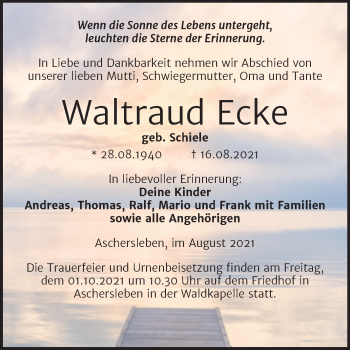 Traueranzeige von Waltraud Ecke von Trauerkombi Aschersleben
