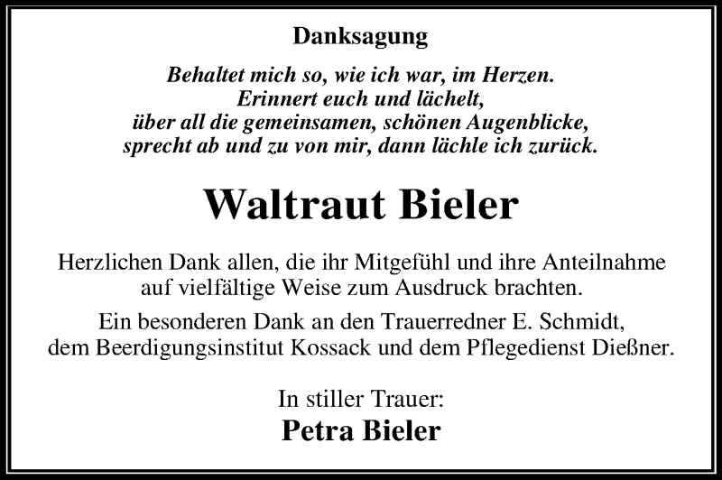  Traueranzeige für Waltraut Bieler vom 28.08.2021 aus Trauerkombi Dessau