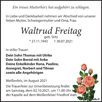 Traueranzeige von Waltrud Freitag von Trauerkombi Weißenfels