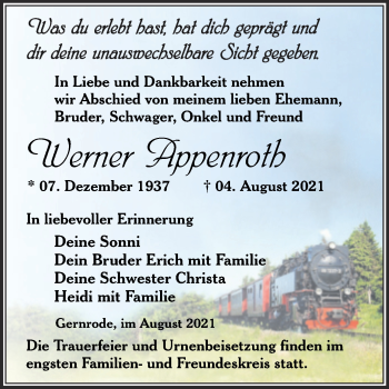 Traueranzeige von Werner Appenroth von Trauerkombi Quedlinburg