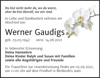 Traueranzeige von Werner Gaudigs von Trauerkombi Weißenfels