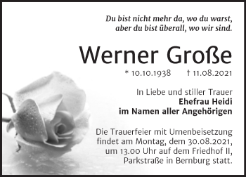Traueranzeige von Werner Große von Trauerkombi Bernburg
