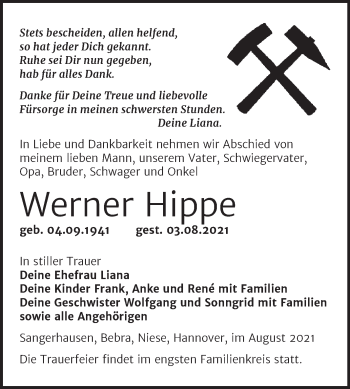 Traueranzeige von Werner Hippe von Trauerkombi Sangerhausen