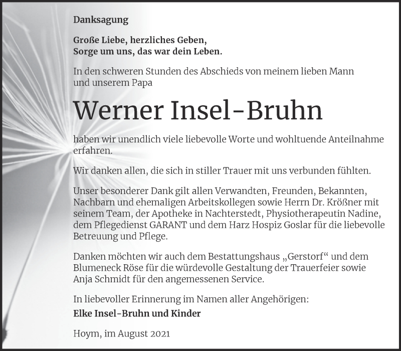  Traueranzeige für Werner Insel-Bruhn vom 28.08.2021 aus Trauerkombi Aschersleben