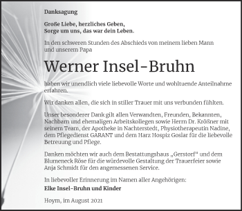 Traueranzeige von Werner Insel-Bruhn von Trauerkombi Aschersleben