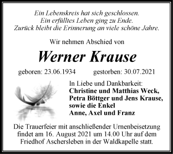 Traueranzeige von Werner Krause von Trauerkombi Aschersleben