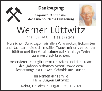 Traueranzeige von Werner Lüttwitz von Wochenspiegel Naumburg/Nebra