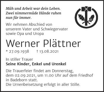 Traueranzeige von Werner Plättner von Trauerkombi Quedlinburg
