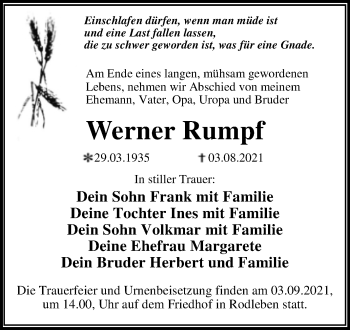 Traueranzeige von Werner Rumpf von Trauerkombi Dessau