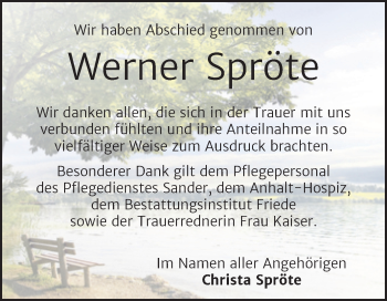 Traueranzeige von Werner Spröte von Trauerkombi Dessau