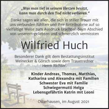 Traueranzeige von Wilfried Huch von Trauerkombi Mansfelder Land