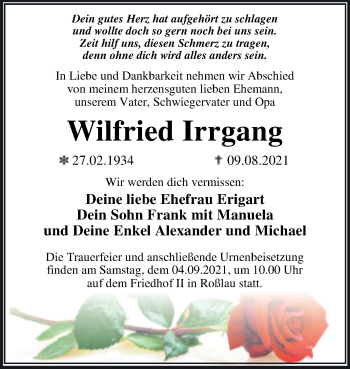 Traueranzeige von Wilfried Irrgang von Trauerkombi Dessau