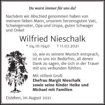 Traueranzeige von Wilfried Nieschalk von Trauerkombi Mansfelder Land