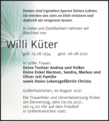 Traueranzeige von Willi Küter von Trauerkombi Wittenberg
