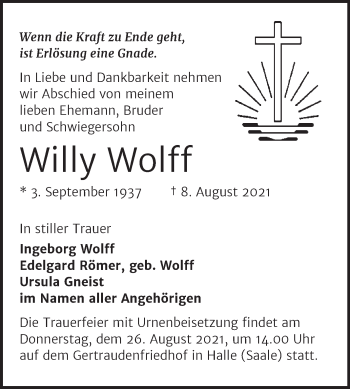 Traueranzeige von Willy Wolff von Mitteldeutsche Zeitung Halle/Saalkreis