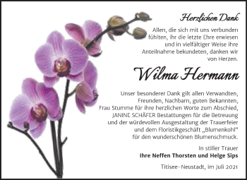 Traueranzeige von Wilma Hermann von Trauerkombi Quedlinburg