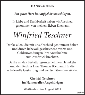 Traueranzeige von Winfried Teschner von Trauerkombi Weißenfels