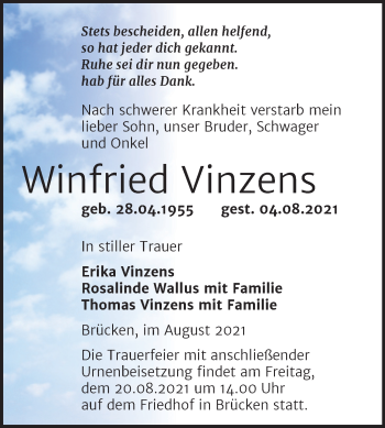 Traueranzeige von Winfried Vinzens von Trauerkombi Sangerhausen