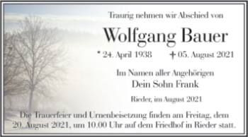 Traueranzeige von Wolfgang Bauer von Trauerkombi Quedlinburg