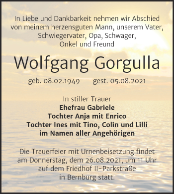 Traueranzeige von Wolfgang Gorgulla von Trauerkombi Bernburg