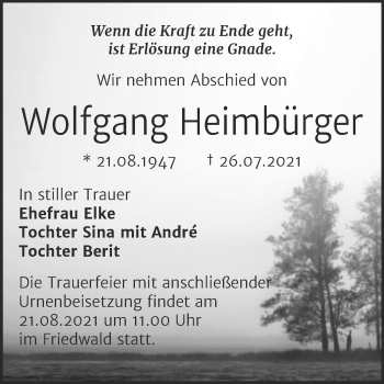 Traueranzeige von Wolfgang Heimbürger von Trauerkombi Sangerhausen
