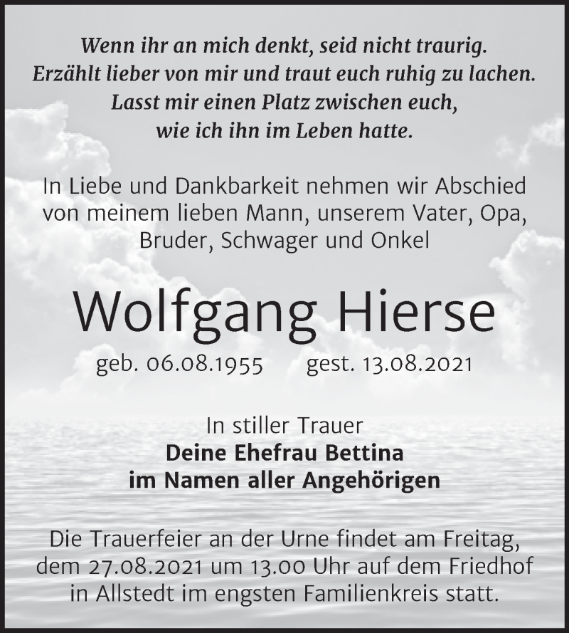  Traueranzeige für Wolfgang Hierse vom 21.08.2021 aus Trauerkombi Sangerhausen