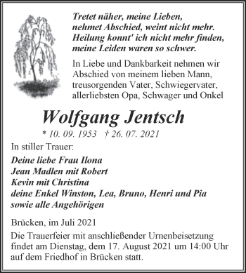 Traueranzeige von Wolfgang Jentsch von Trauerkombi Sangerhausen