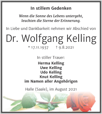 Traueranzeige von Wolfgang Kelling von Mitteldeutsche Zeitung Halle/Saalkreis