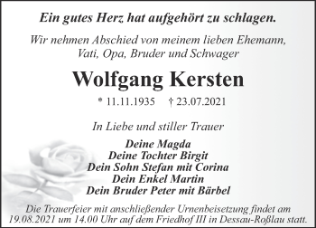 Traueranzeige von Wolfgang Kersten von Trauerkombi Dessau