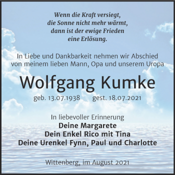 Traueranzeige von Wolfgang Kumke von Trauerkombi Wittenberg
