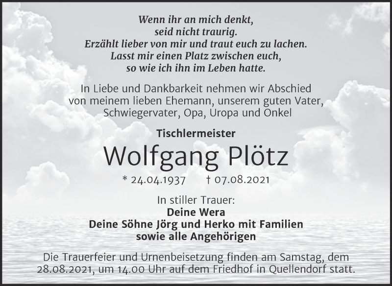  Traueranzeige für Wolfgang Plötz vom 14.08.2021 aus Trauerkombi Köthen