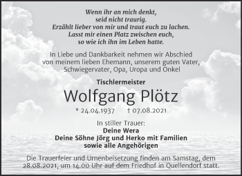 Traueranzeige von Wolfgang Plötz von Trauerkombi Köthen