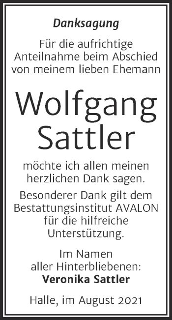 Traueranzeige von Wolfgang Sattler von Mitteldeutsche Zeitung Halle/Saalkreis