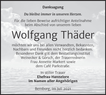 Traueranzeige von Wolfgang Thäder von Trauerkombi Bernburg