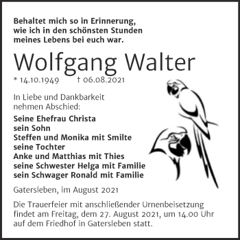 Traueranzeige von Wolfgang Walter von Trauerkombi Aschersleben