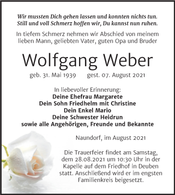 Traueranzeige von Wolfgang Weber von Trauerkombi Zeitz