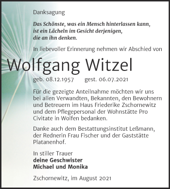 Traueranzeige von Wolfgang Witzel von Trauerkombi Wittenberg