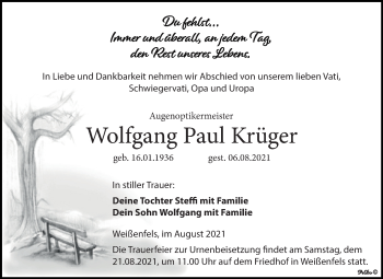 Traueranzeige von Wolfgang Paul Krüger von Trauerkombi Weißenfels