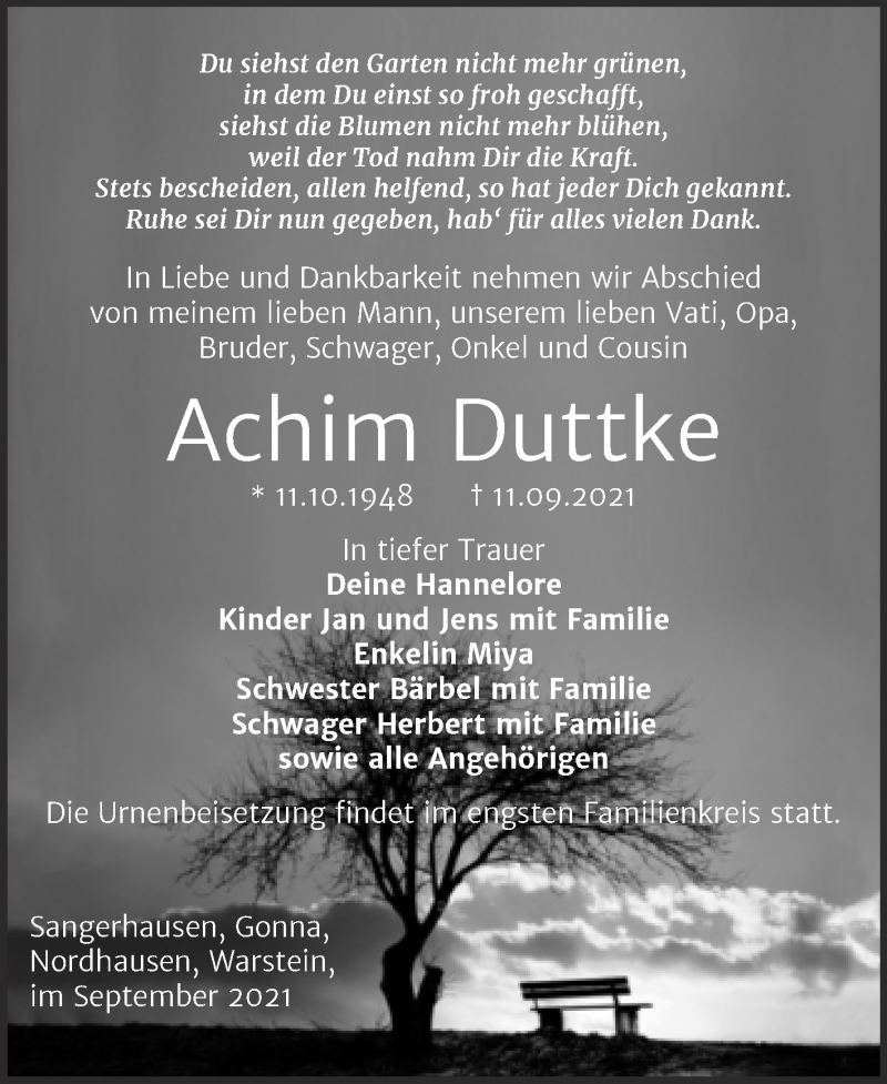  Traueranzeige für Achim Duttke vom 15.09.2021 aus Trauerkombi Sangerhausen