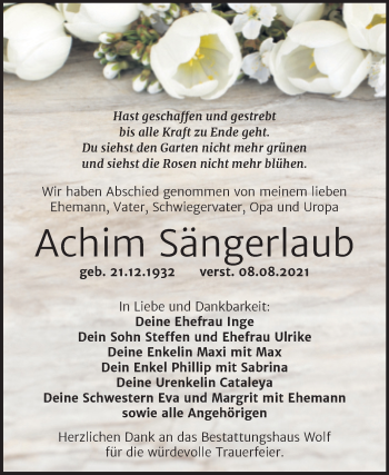 Traueranzeige von Achim Sängerlaub von Trauerkombi Weißenfels
